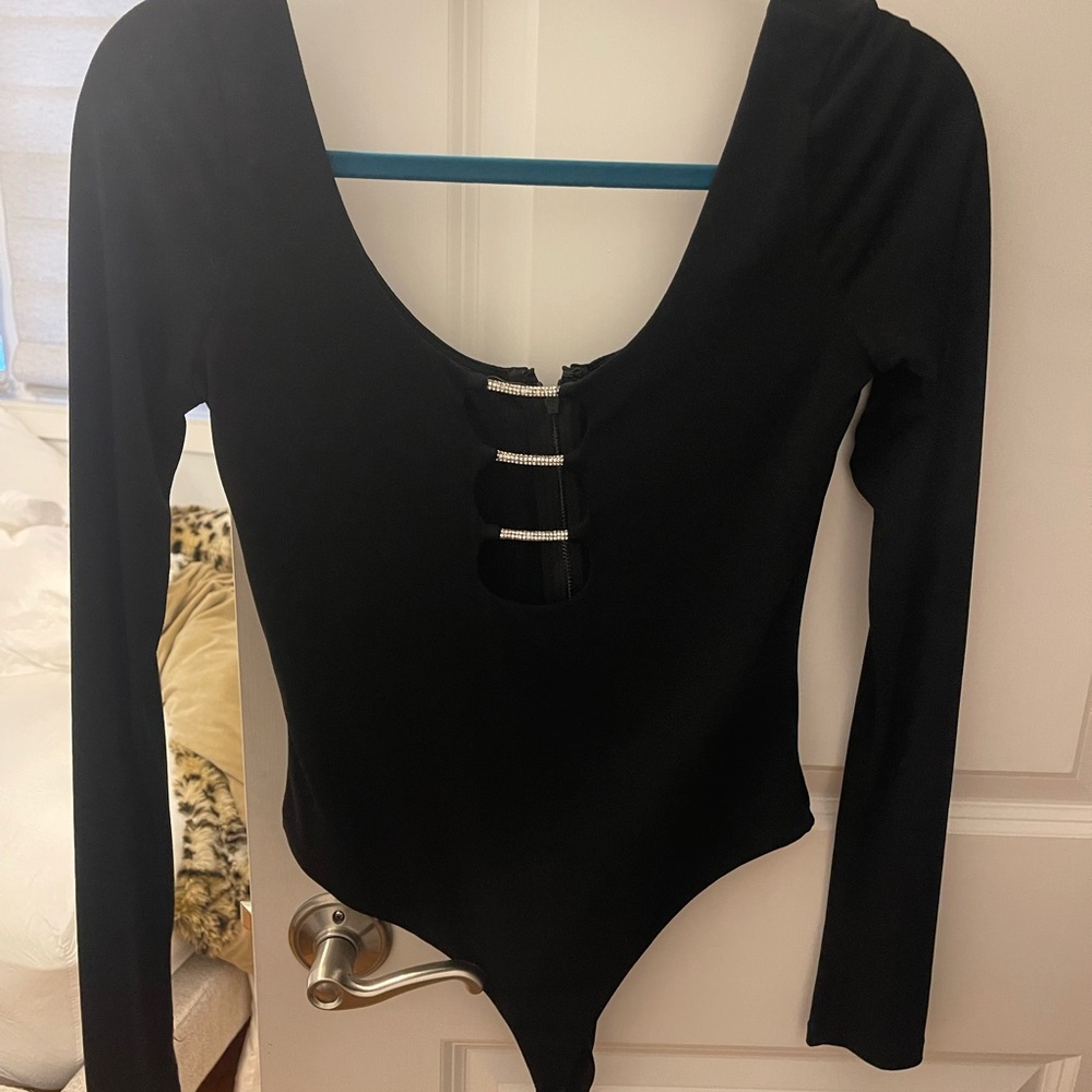 Alice + Olivia Black Long Sleeve Bodysuit with Cutout Detail